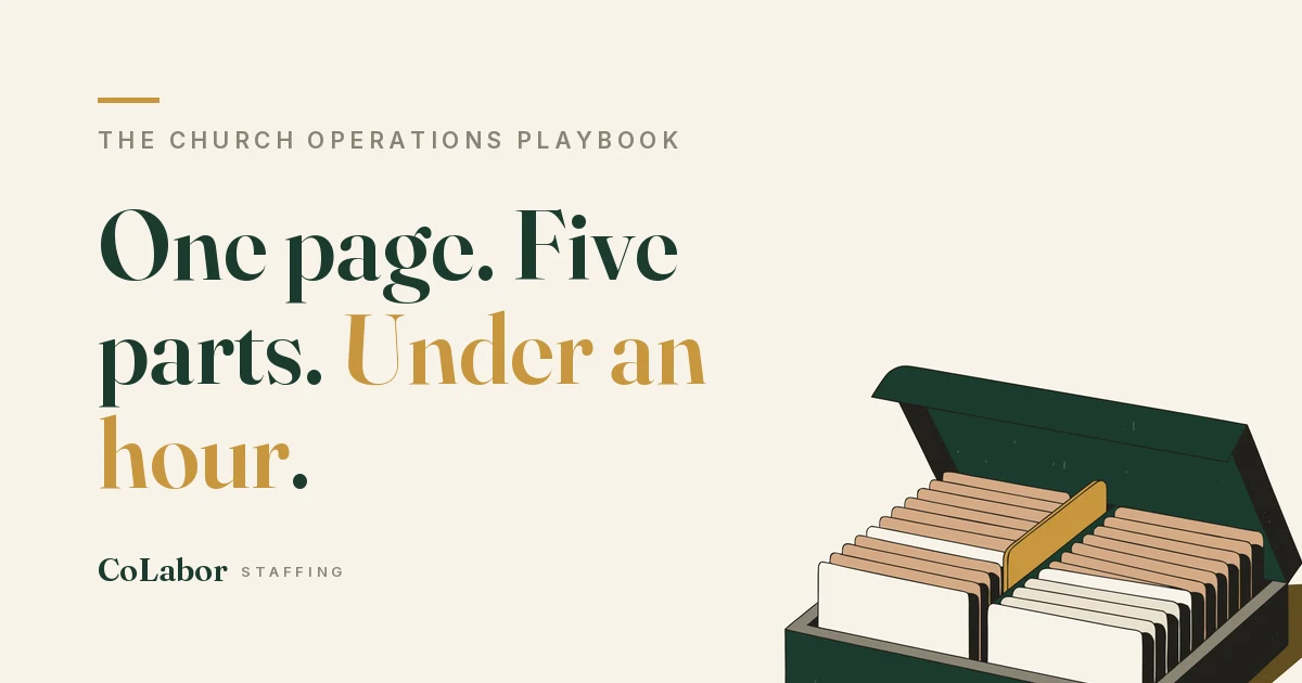 One page. Five parts. Under an hour. Illustration: an open recipe box with a gold divider tab.
