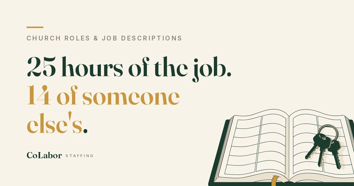 25 hours of the job. 14 of someone else's. Illustration: an open weekly planner with empty ruled time blocks, a ring of building keys resting on the right page, and a gold ribbon bookmark.