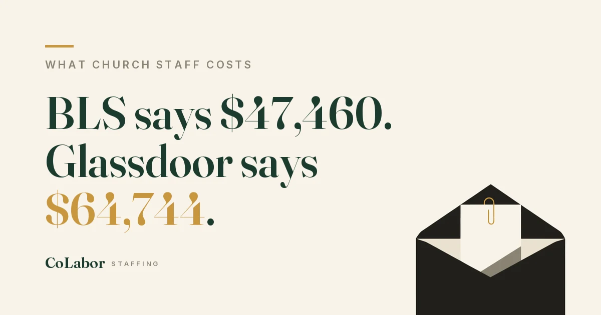 BLS says $47,460. Glassdoor says $64,744. Illustration: an open pay envelope with a folded slip and a gold paper clip.