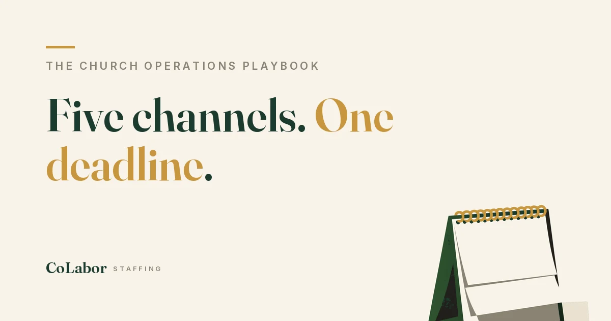 Five channels. One deadline. Illustration: a desk flip calendar with gold binding rings.