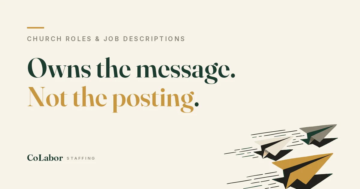 Owns the message. Not the posting. Illustration: three paper airplanes flying in formation with motion lines, the lead plane in gold.
