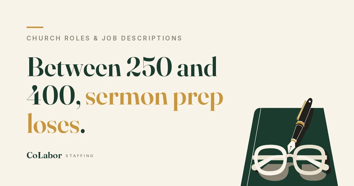 Between 250 and 400, sermon prep loses. Illustration: a closed green appointment diary with a gold-trimmed fountain pen and reading glasses resting on its cover.