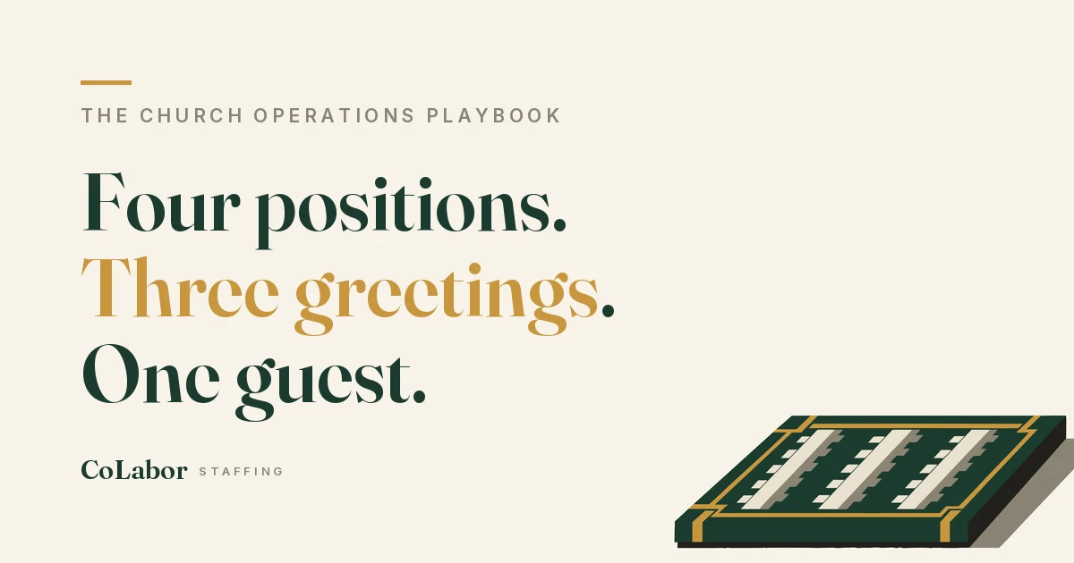 Four positions. Three greetings. One guest. Illustration: a welcome mat with a gold border stripe.