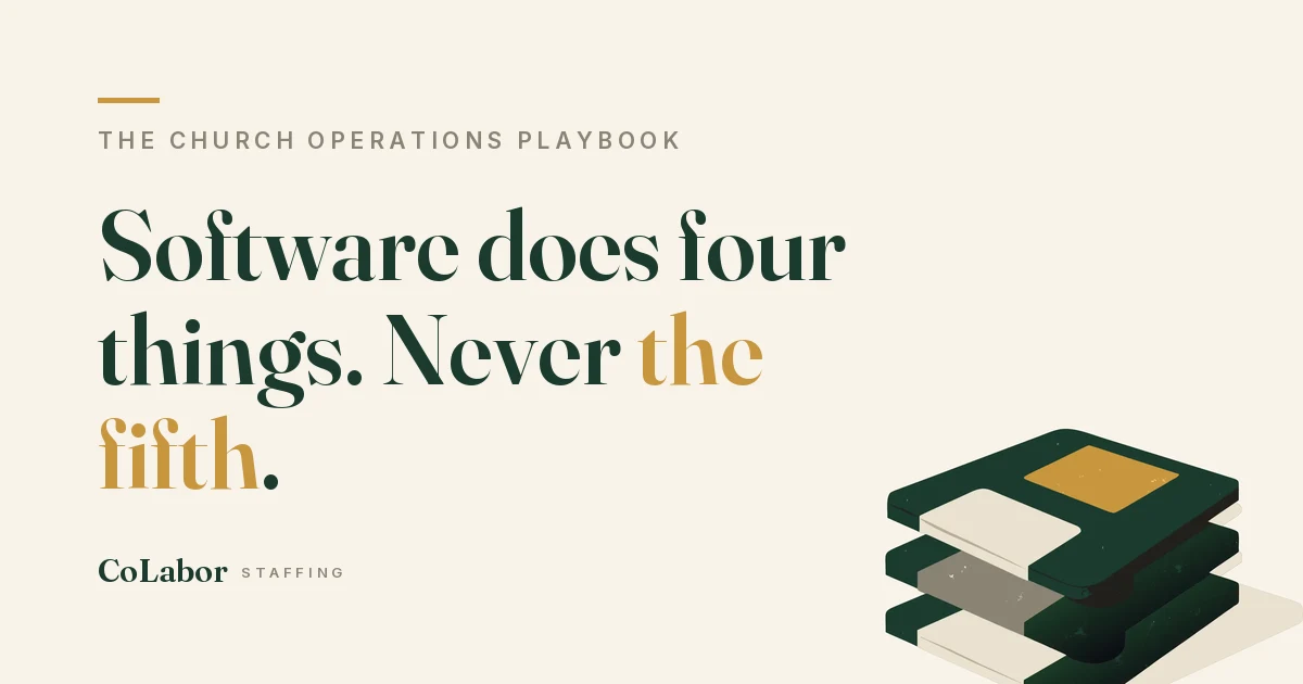 Software does four things. Never the fifth. Illustration: stacked floppy disks with a gold label on top.