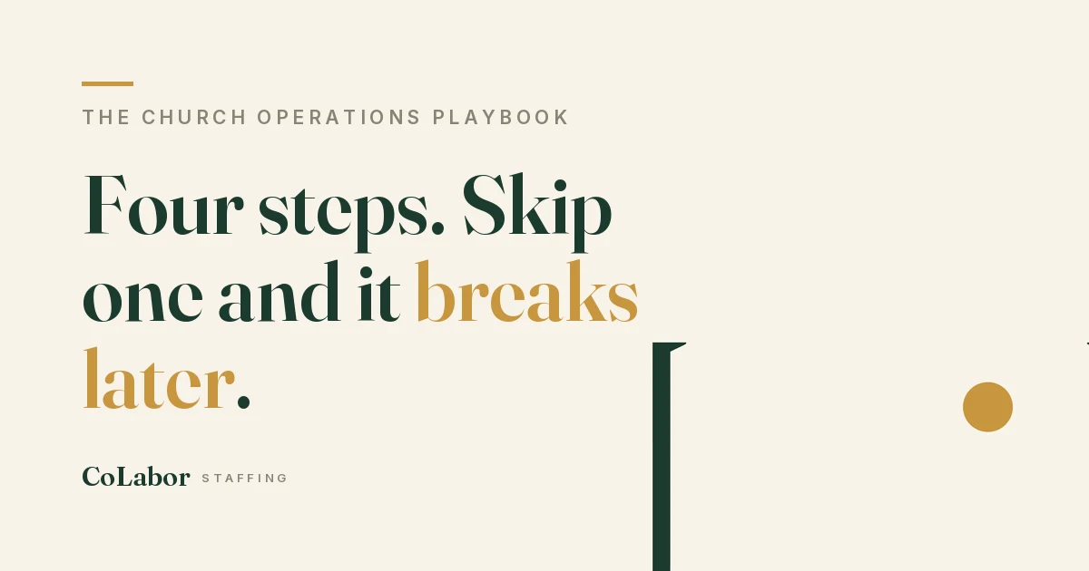 Four steps. Skip one and it breaks later. Illustration: an open booklet with a gold round stamp mark.