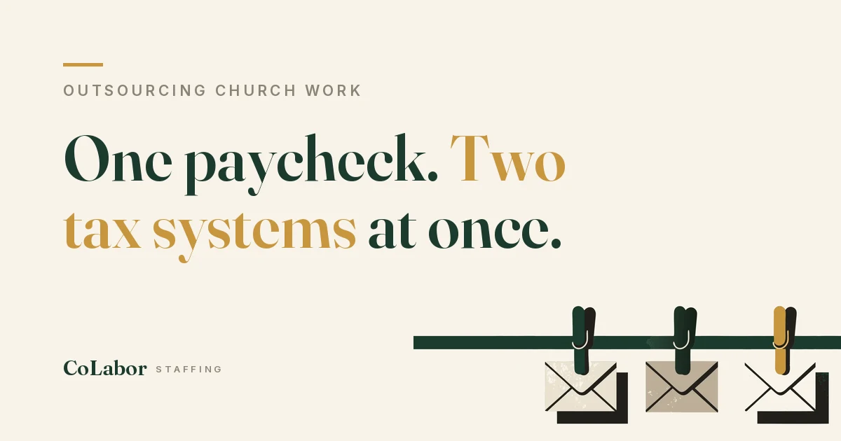 One paycheck. Two tax systems at once. Illustration: three envelopes on a line, one held by a gold clip.