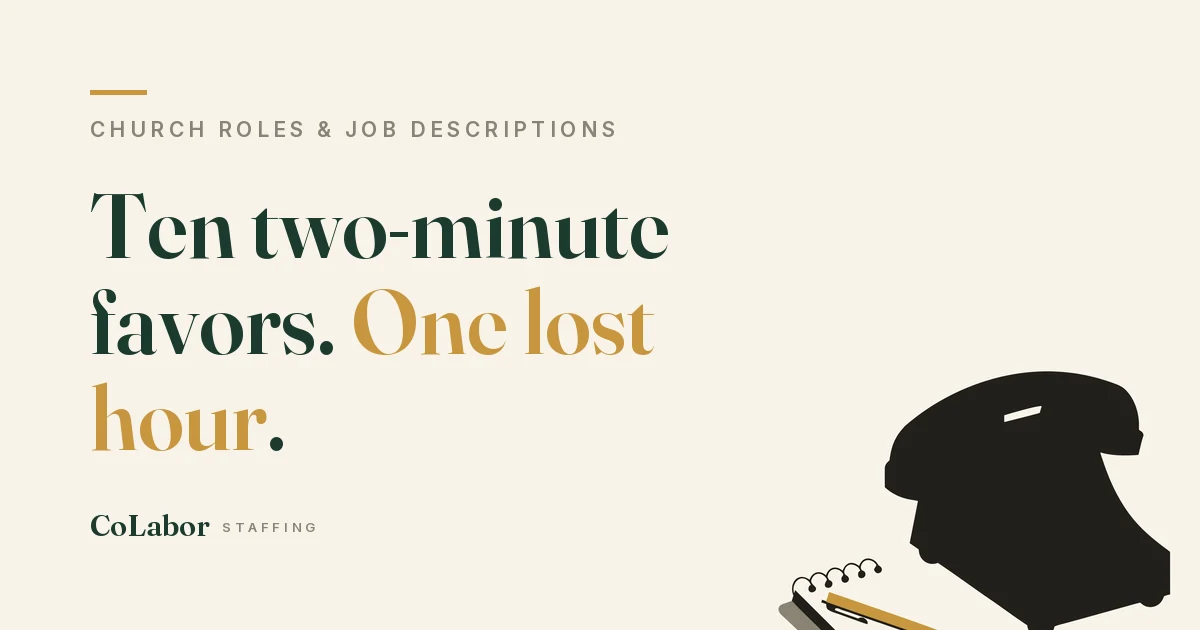 Ten two-minute favors. One lost hour. Illustration: a desk telephone beside a spiral message pad with a gold pen resting across it.