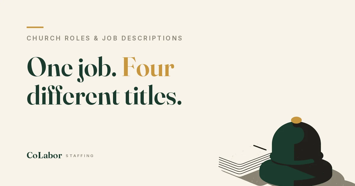 One job. Four different titles. Illustration: a front desk service bell with a gold top button beside a stack of paper message slips.