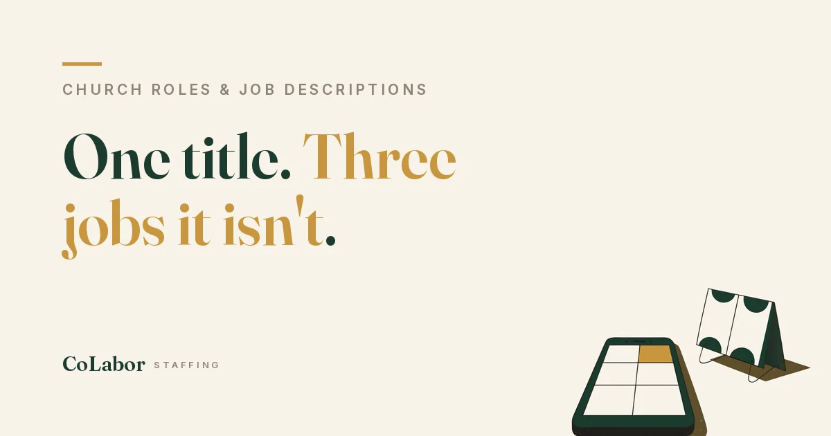 One title. Three jobs it isn't. Illustration: a smartphone showing an empty content grid with one gold tile, beside a small desk calendar.