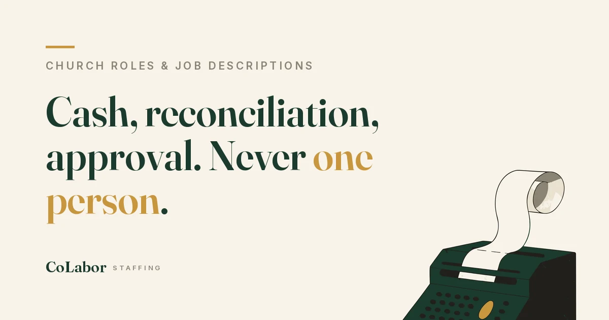 Cash, reconciliation, approval. Never one person. Illustration: a vintage adding machine with a curl of paper tape rising from it and one gold key on the keypad.