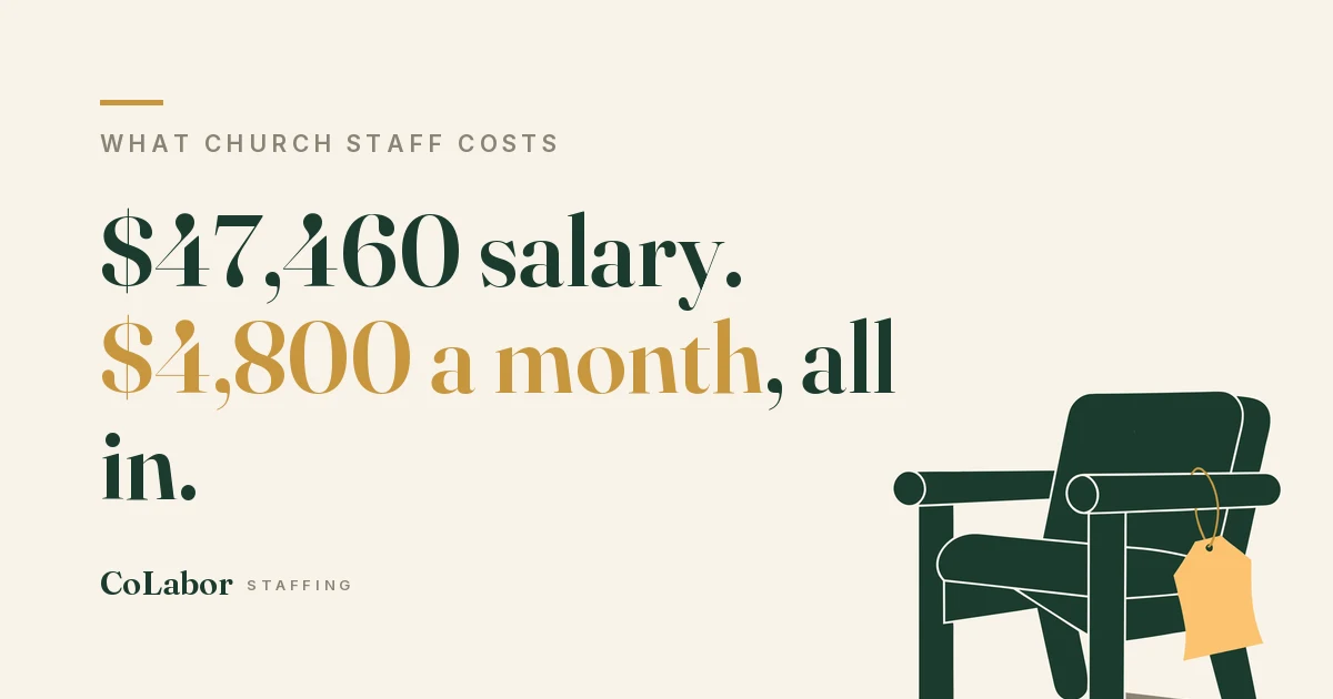 $47,460 salary. $4,800 a month, all in. Illustration: an office chair with an oversized gold price tag hanging from the arm.