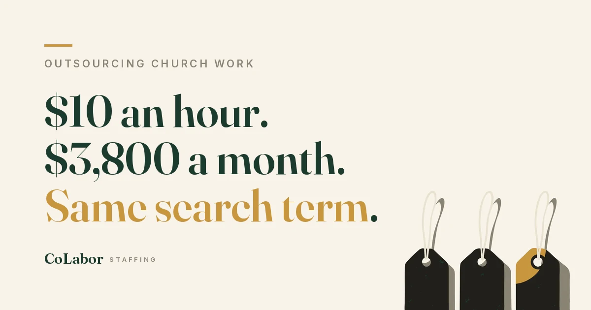 $10 an hour. $3,800 a month. Same search term. Illustration: three ascending price tags, the largest in gold.