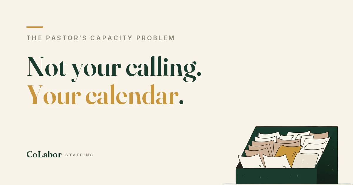 Not your calling. Your calendar. Illustration: an overflowing desk tray, one gold sheet in the cascade.