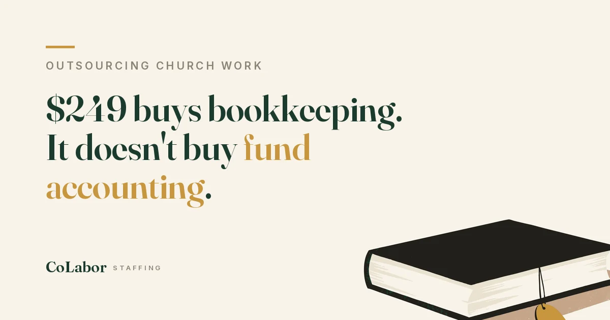 $249 buys bookkeeping. It doesn't buy fund accounting. Illustration: a ledger book with a gold luggage tag tied to its spine.