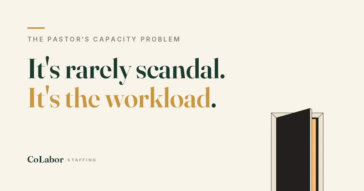 It's rarely scandal. It's the workload. Illustration: a paneled door standing ajar with warm gold light showing through the gap.