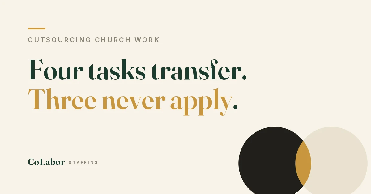 Four tasks transfer. Three never apply. Illustration: two overlapping paper circles with a gold intersection.