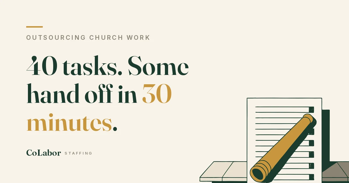 40 tasks. Some hand off in 30 minutes. Illustration: a gold relay baton resting on a ruled checklist page.