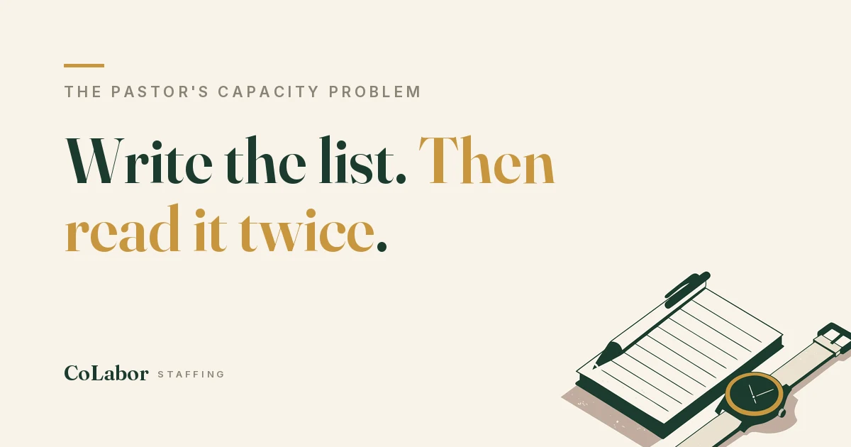 Write the list. Then read it twice. Illustration: a blank notepad with a pen and a wristwatch with a gold bezel.