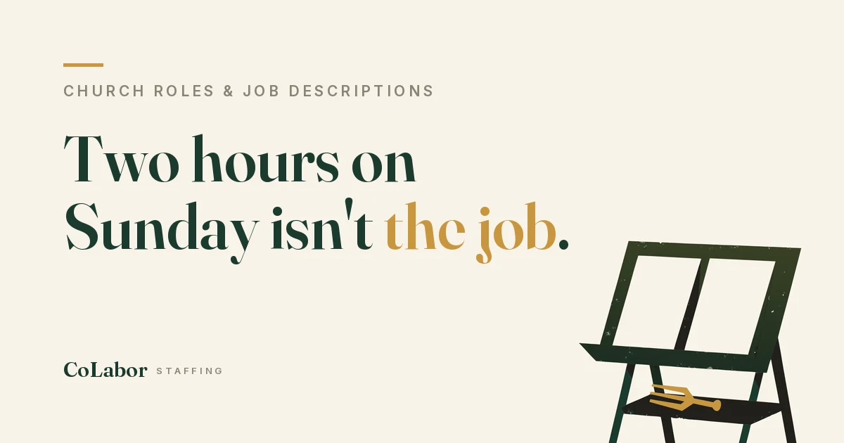 Two hours on Sunday isn't the job. Illustration: a folding music stand holding two blank sheet music pages with a gold tuning fork on its tray.