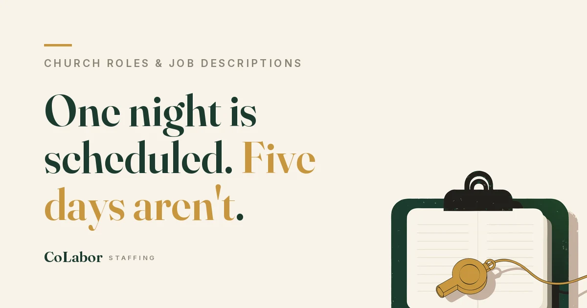 One night is scheduled. Five days aren't. Illustration: a clipboard holding ruled pages with a gold coach's whistle on a cord resting on it.